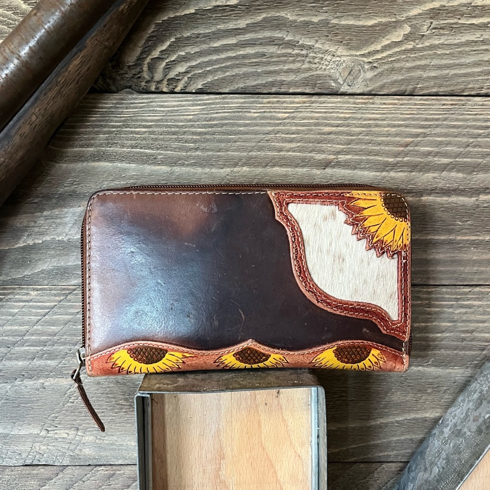 Genuine Leather Tooled Sunflower Zipper Wallet